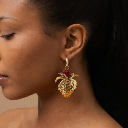 Hoop earrings - strawberry pendant, small natural stones and heart-shaped pearl