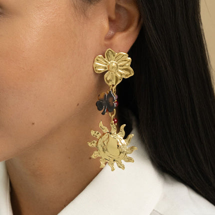 Boucles pendantes - 3 pièces et chaîne (fleur, soleil, trèfle en résine)
