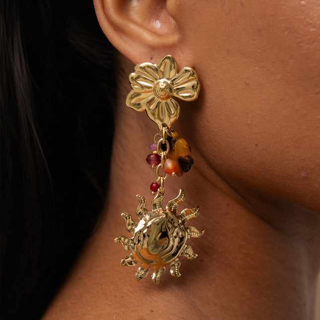 Dangle earrings - 3 pieces and chain (resin flower, sun, clover)