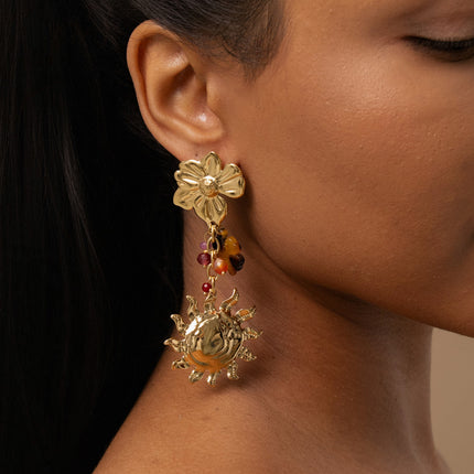 Dangle earrings - 3 pieces and chain (resin flower, sun, clover)
