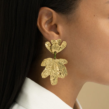 Boucles pendantes - 2 feuillages et anneau perlé