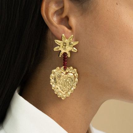 Boucles pendantes - soleil, perles et coeur texturé