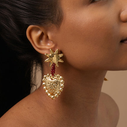 Dangle earrings - sun, pearls and textured heart