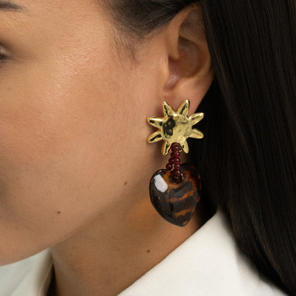 Boucles pendantes - 3 pièces (soleil, coeur en résine léopard et anneau perlé)