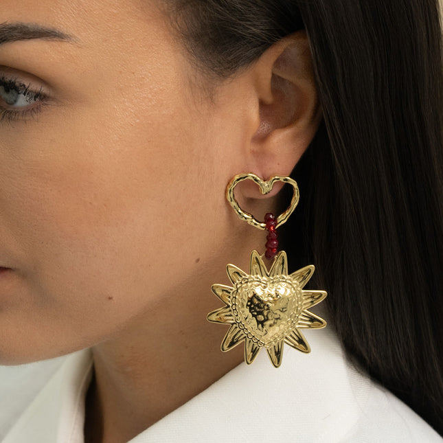 Dangle earrings - openwork heart, beaded ring, and sun heart