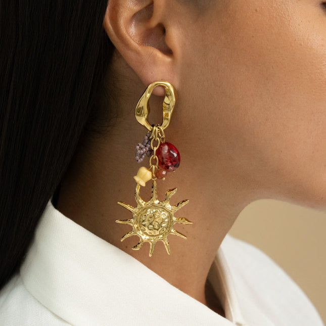 Dangling earrings - oval, flat round pearl, beaded bow, sun