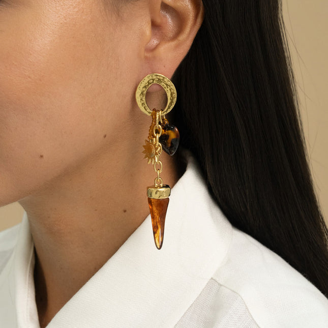 Creole earrings - hammered oval ring, sun, heart and horn in resin