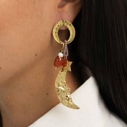 Dangle earrings - hammered ring, beads and crescent moon