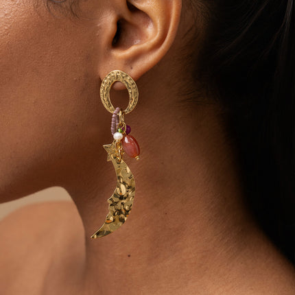 Dangle earrings - hammered ring, beads and crescent moon