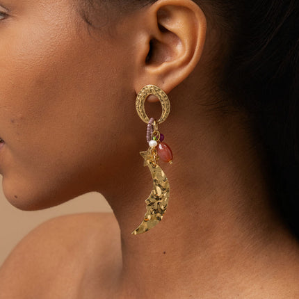 Dangle earrings - hammered ring, beads and crescent moon