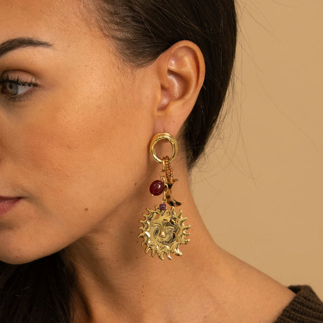 Boucles pendantes - soleil, lune en résine léopard, perles
