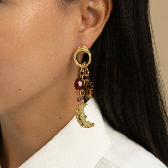 Dangling earrings - leopard resin sun, crescent moon, beads