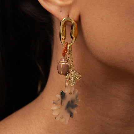 Dangling earrings - leopard resin sun, foliage, enamel beetle, beads