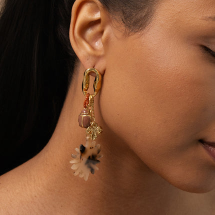 Dangling earrings - leopard resin sun, foliage, enamel beetle, beads