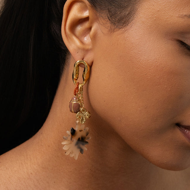 Dangling earrings - leopard resin sun, foliage, enamel beetle, beads