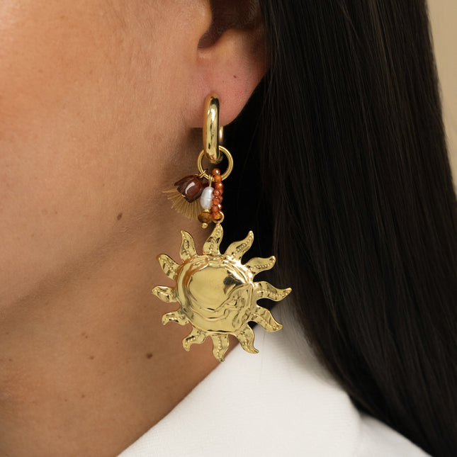 Creole earrings - sunburst, pompom, flower pearl, natural stones