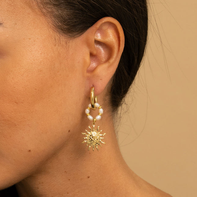 Creole earrings - freshwater pearl ring and sun pendant