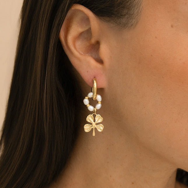 Creole earrings - freshwater pearl ring and four-leaf clover