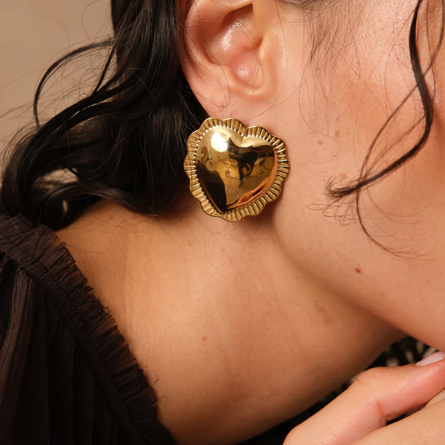 Eira Stud Earrings - domed heart with ridged edges