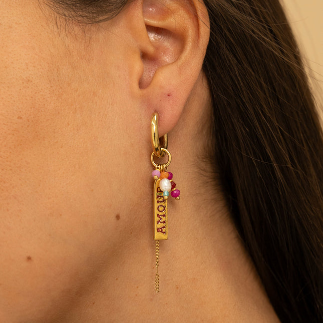 Creole earrings - AMOUR charm, natural stones, freshwater pearls