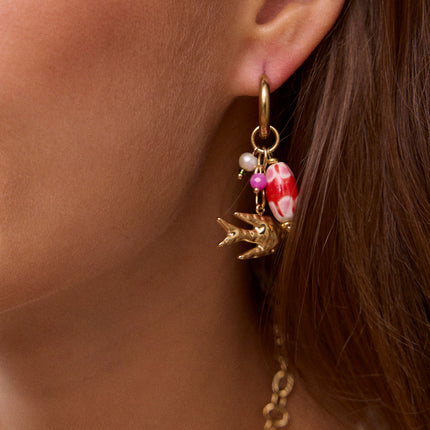 Isara Creole earrings - bird, enamelled ceramic beads, natural stones, freshwater pearls