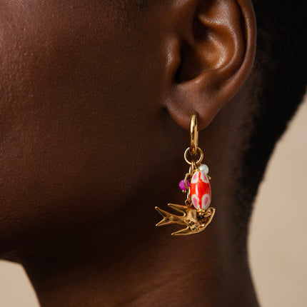 Isara Creole earrings - bird, enamelled ceramic beads, natural stones, freshwater pearls