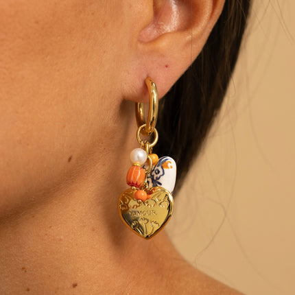 Hoop earrings - heart with LOVE and engraved flowers, ceramic and freshwater pearls