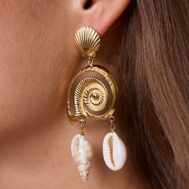 Dangling earrings - textured shells and natural cowrie