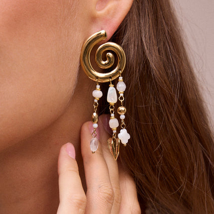 Dangle earrings - snail shell, natural stones and heart