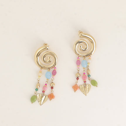 Boucles pendantes - coquillage escargot, pierres naturelles et coeur