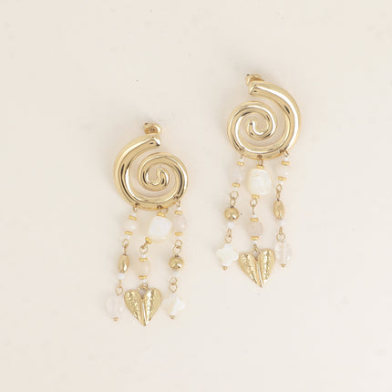 Boucles pendantes - coquillage escargot, pierres naturelles et coeur