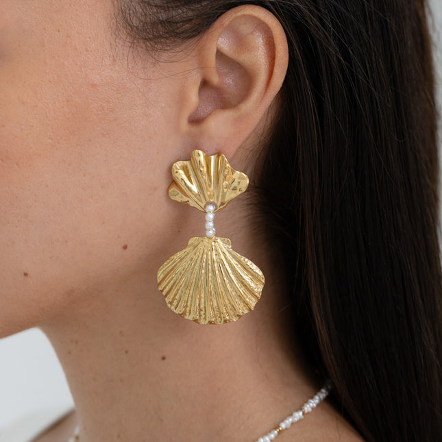 Dangle earrings - 2 shells and resin bead ring