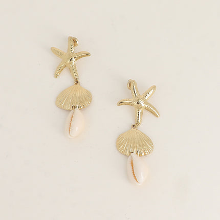 Dangle earrings - 3 pieces, seashell, starfish and natural cowrie