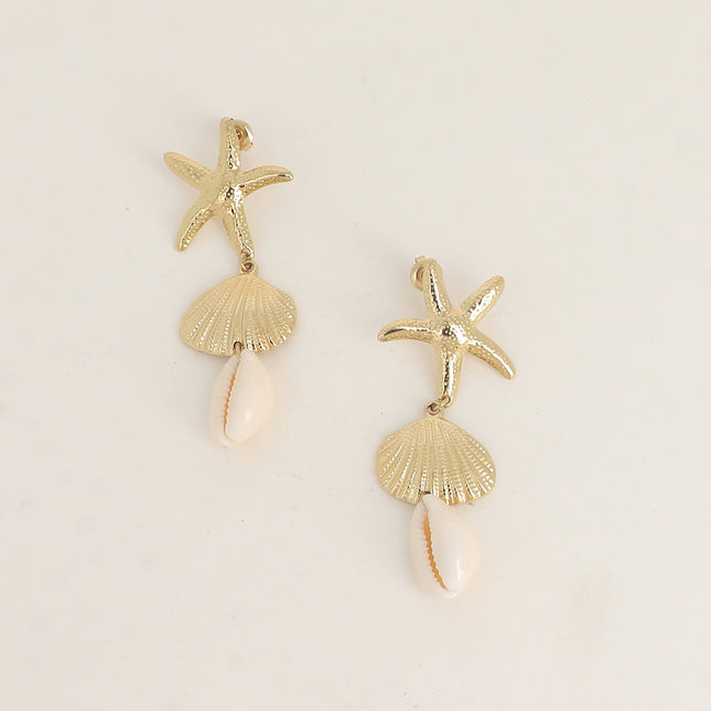 Boucles pendantes - 3 pièces, coquillage, étoile de mer et cauri naturel