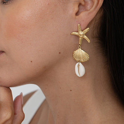 Dangle earrings - 3 pieces, seashell, starfish and natural cowrie