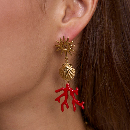 Dangling earrings - sun, shell and red enamel coral