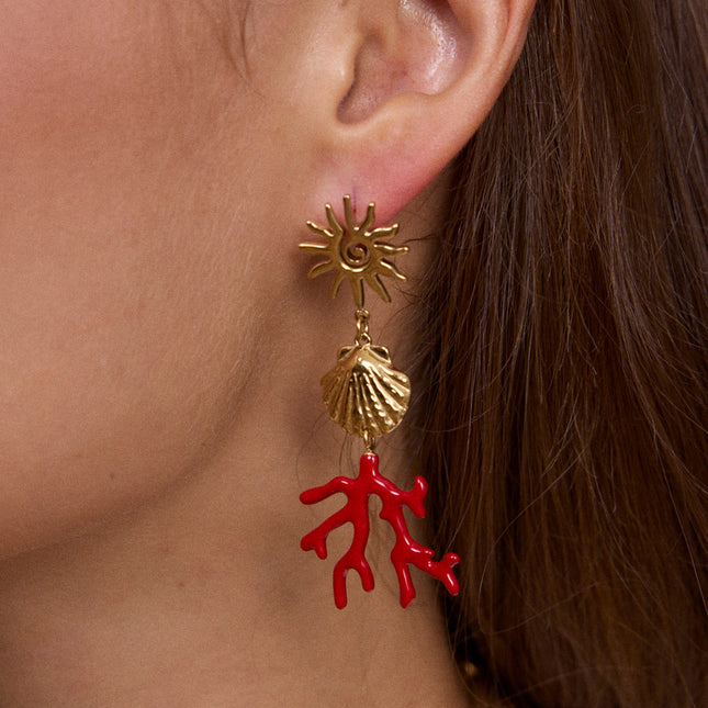 Boucles pendantes - soleil, coquillage et corail en émail rouge