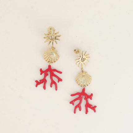 Boucles pendantes - soleil, coquillage et corail en émail rouge