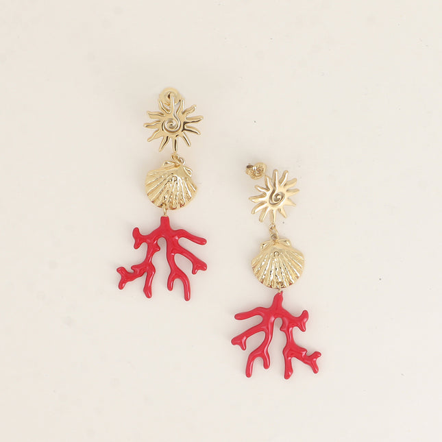 Boucles pendantes - soleil, coquillage et corail en émail rouge