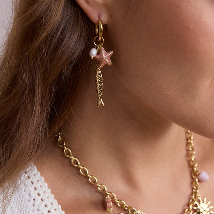 Hoop earrings - enamelled starfish, fish, freshwater pearl