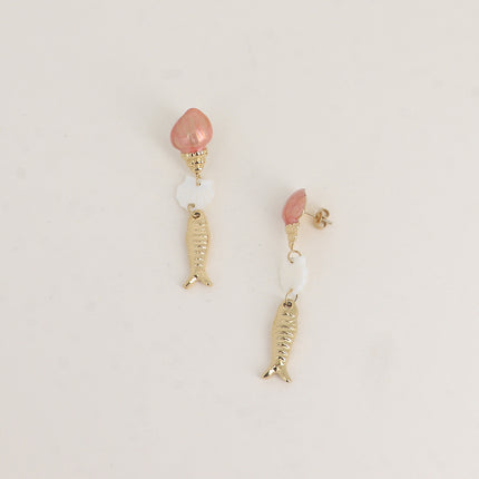 Boucles pendantes - 2 coquillages en émail et poisson
