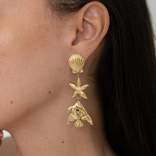 Boucles pendantes - coquillage, étoile de mer et poisson