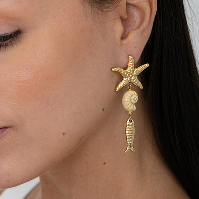 Boucles pendantes - étoile de mer, coquillage en céramique émaillé et poisson