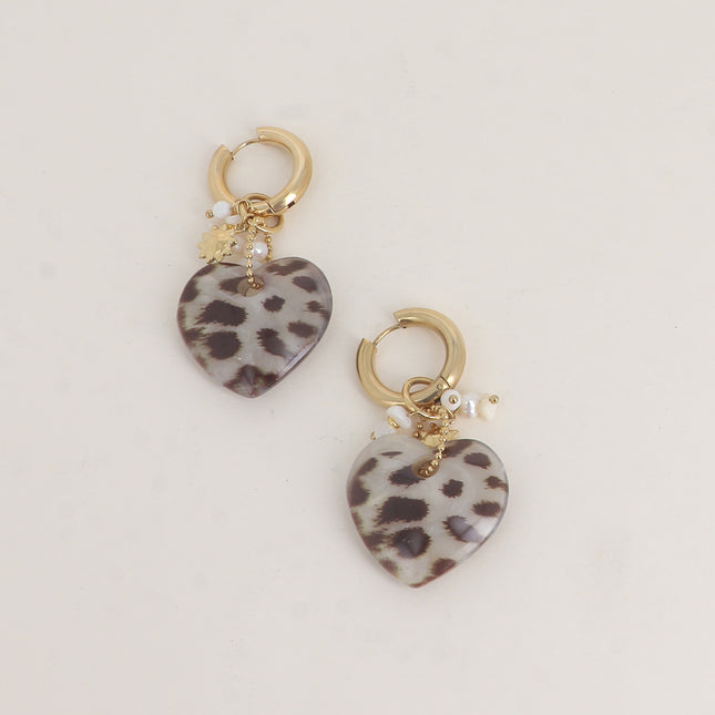 Hoop earrings - natural stones and leopard resin heart
