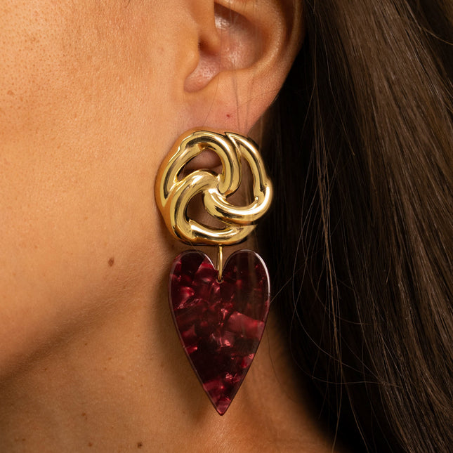 Boucles pendantes - 2 pièces en résine, noeud et coeur 30 x 70 mm