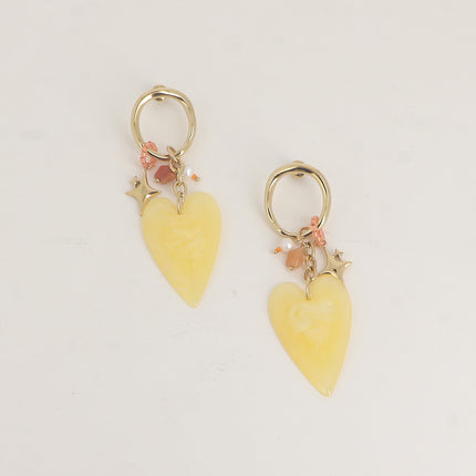 Dangle earrings - oval hoop with charms (heart, stars and resin)