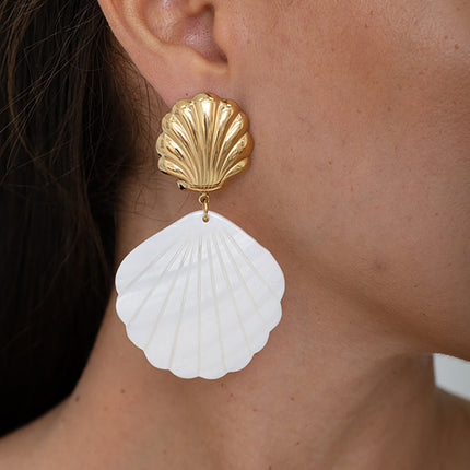 Dangle earrings - 2 pieces, one domed shell and one iridescent shell