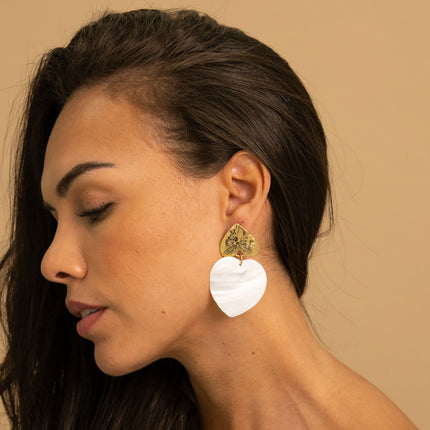 Dangling earrings - 2 heart-shaped pieces including one mother-of-pearl