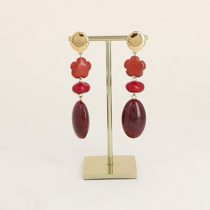 Boucles pendantes - pièce ovale plate, de perles fleur et 2 ovales en résine