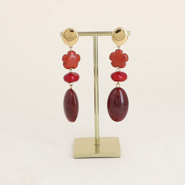 Boucles pendantes - pièce ovale plate, de perles fleur et 2 ovales en résine